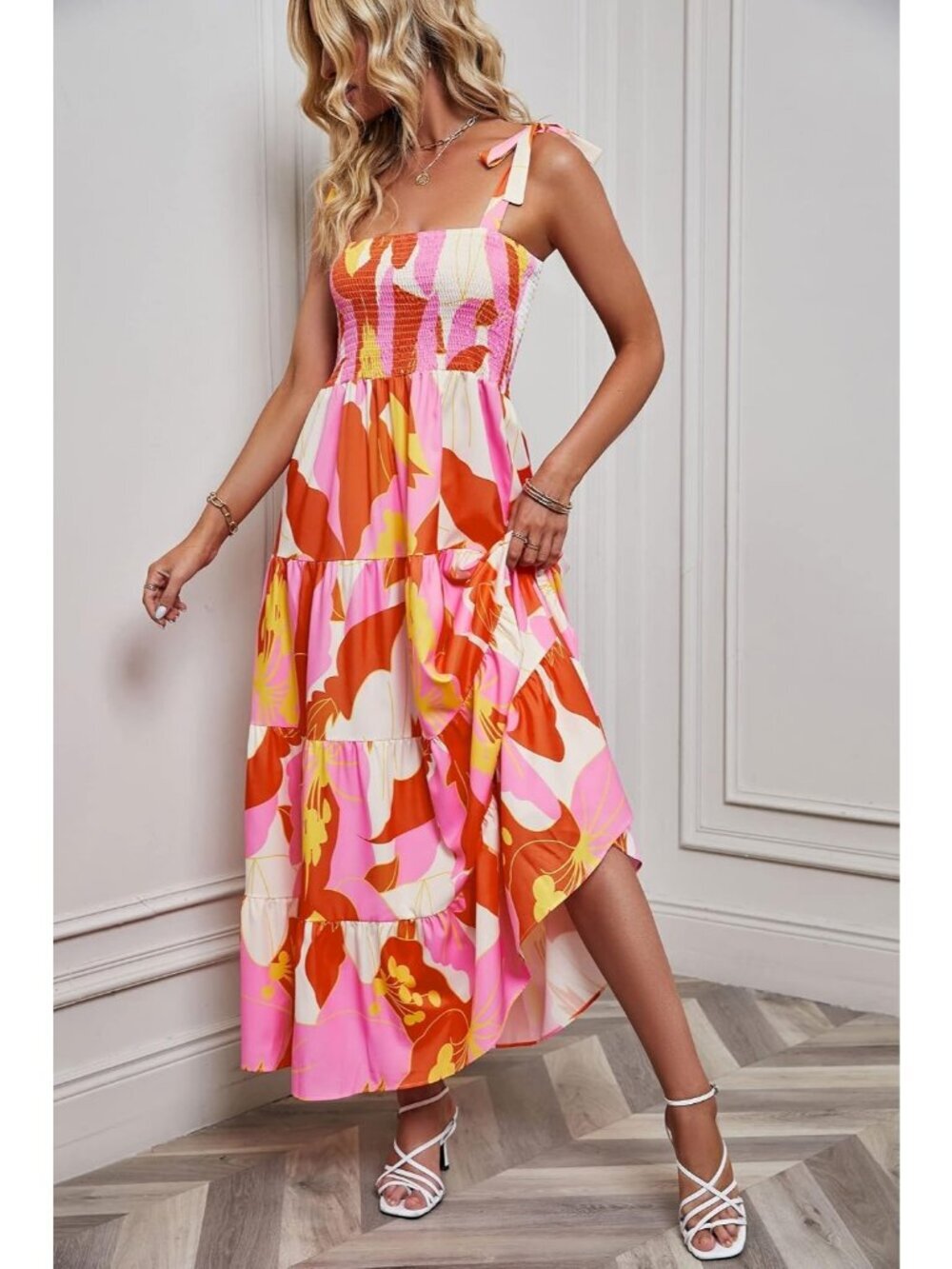 Women's Orange 1 Sleeveless Square Neck Ruffle Flowy Imported Maxi Dress - Picture 3 of 6
